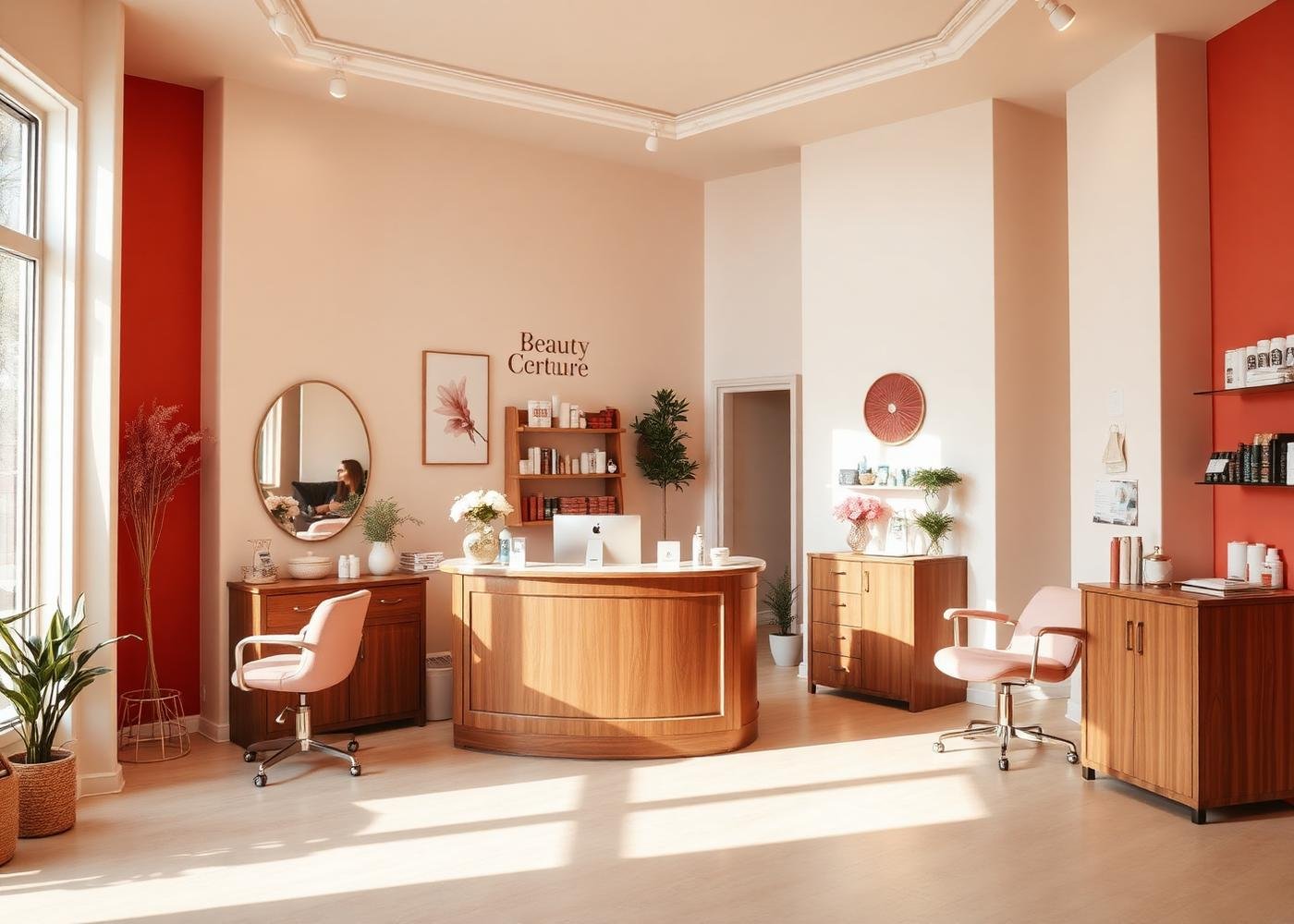 Luna Beauty Studio reception area with warm wood and blush tones